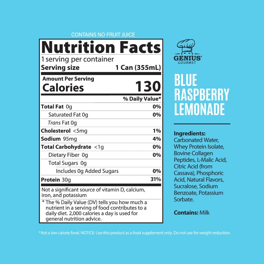 Genius Gourmet Clear Protein Sparkling Water Blue Raspberry Lemonade, 15 CT