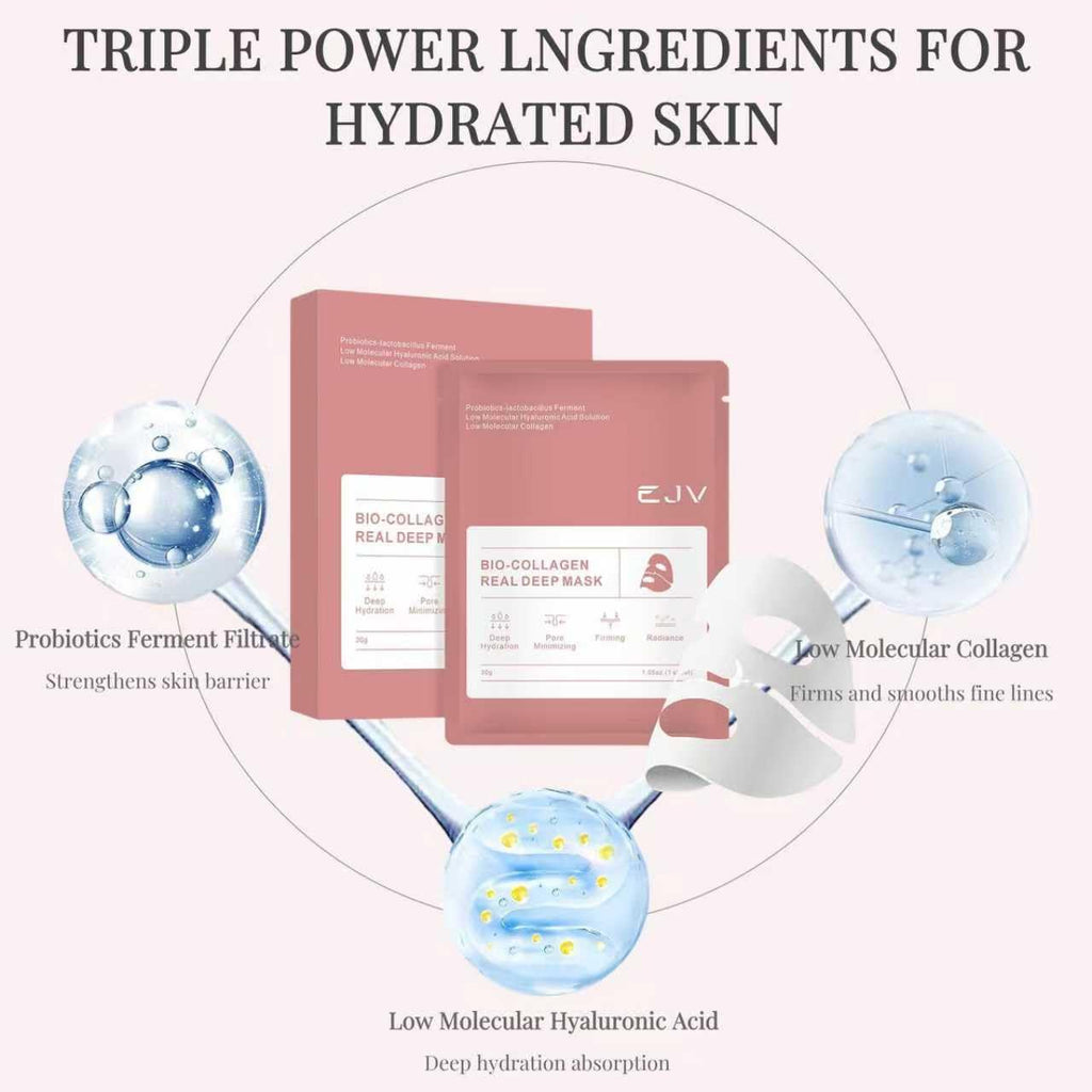 Bio-Deep Collagen Face Mask, Overnight Hydrate Korean Mask - 4PCS | Deeply Hydrating, Pore Minimizing, Firming, Korean Skincare, Ultra-Low Molecular Collagen, Opaque-to-Transparent Absorption