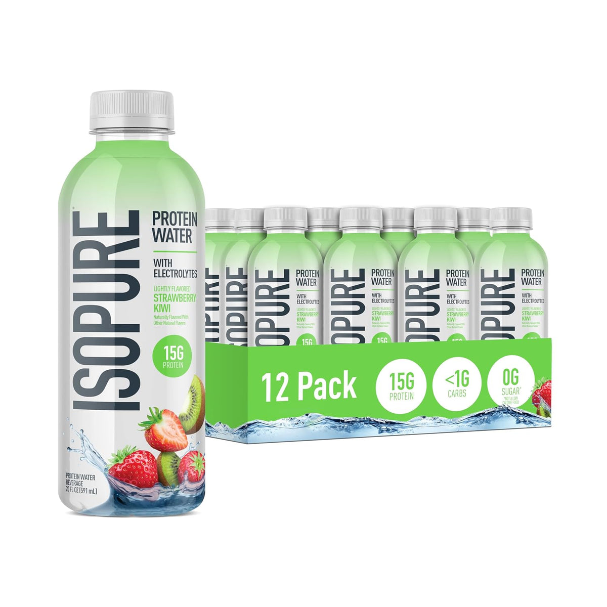 Isopure Clear Protein Water with Electrolytes, 15g Whey Protein Isolate, Zero Sugar, Strawberry Kiwi, 20 fl oz, 12-Pack
