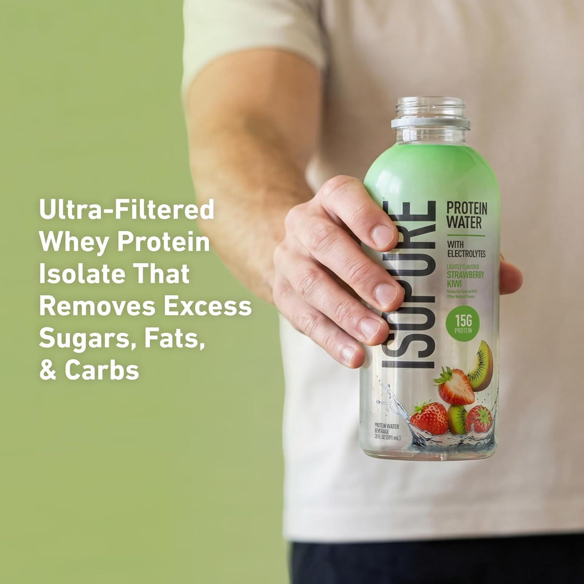 Isopure Clear Protein Water with Electrolytes, 15g Whey Protein Isolate, Zero Sugar, Strawberry Kiwi, 20 fl oz, 12-Pack