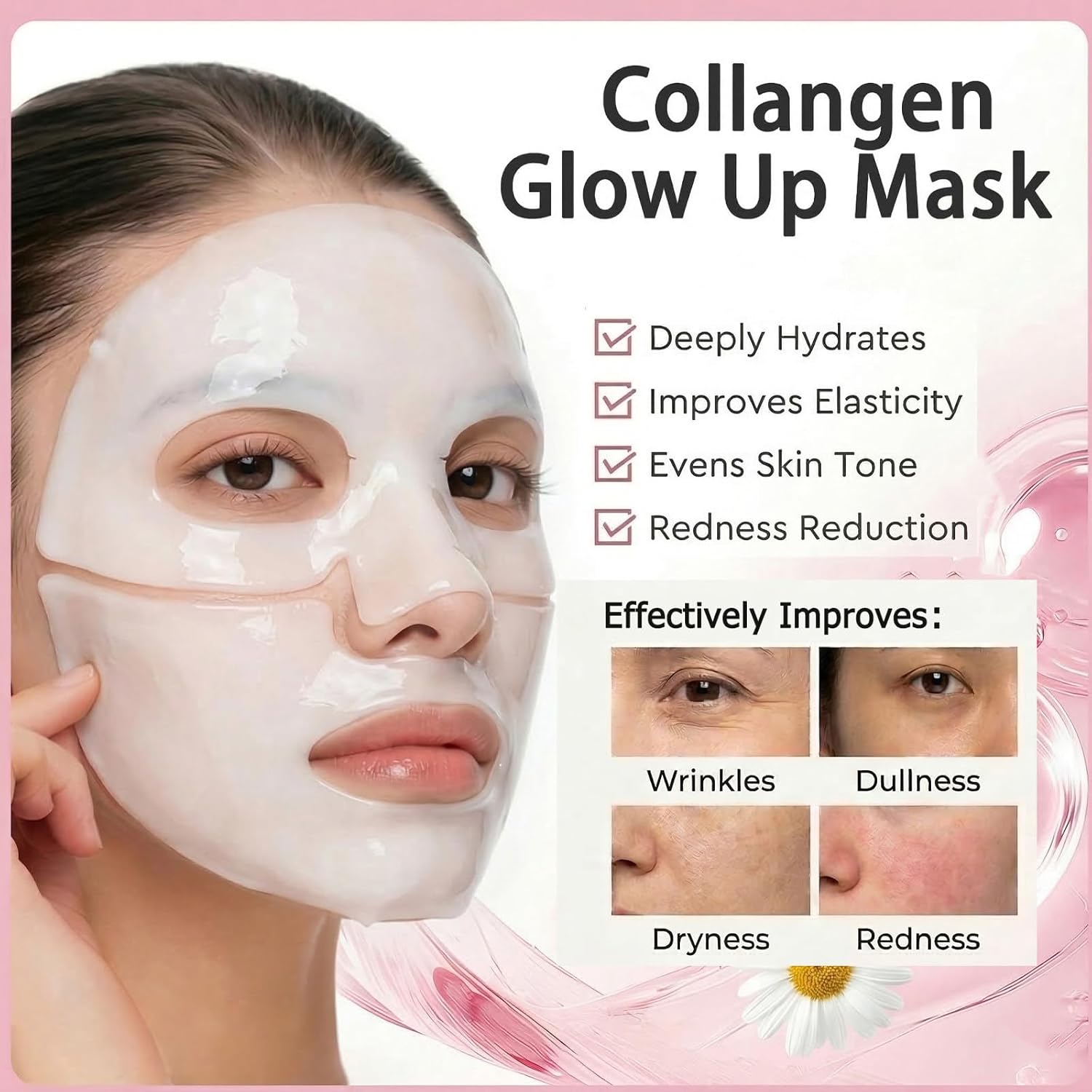 Collagen Face Mask Overnight - Transparent Transforming Korean Hydrogel Mask - Active Complex& Low Molecular Collagen for Glowing Glass Skin - Hydrating & Smoothing Skincare, 8 Sheet