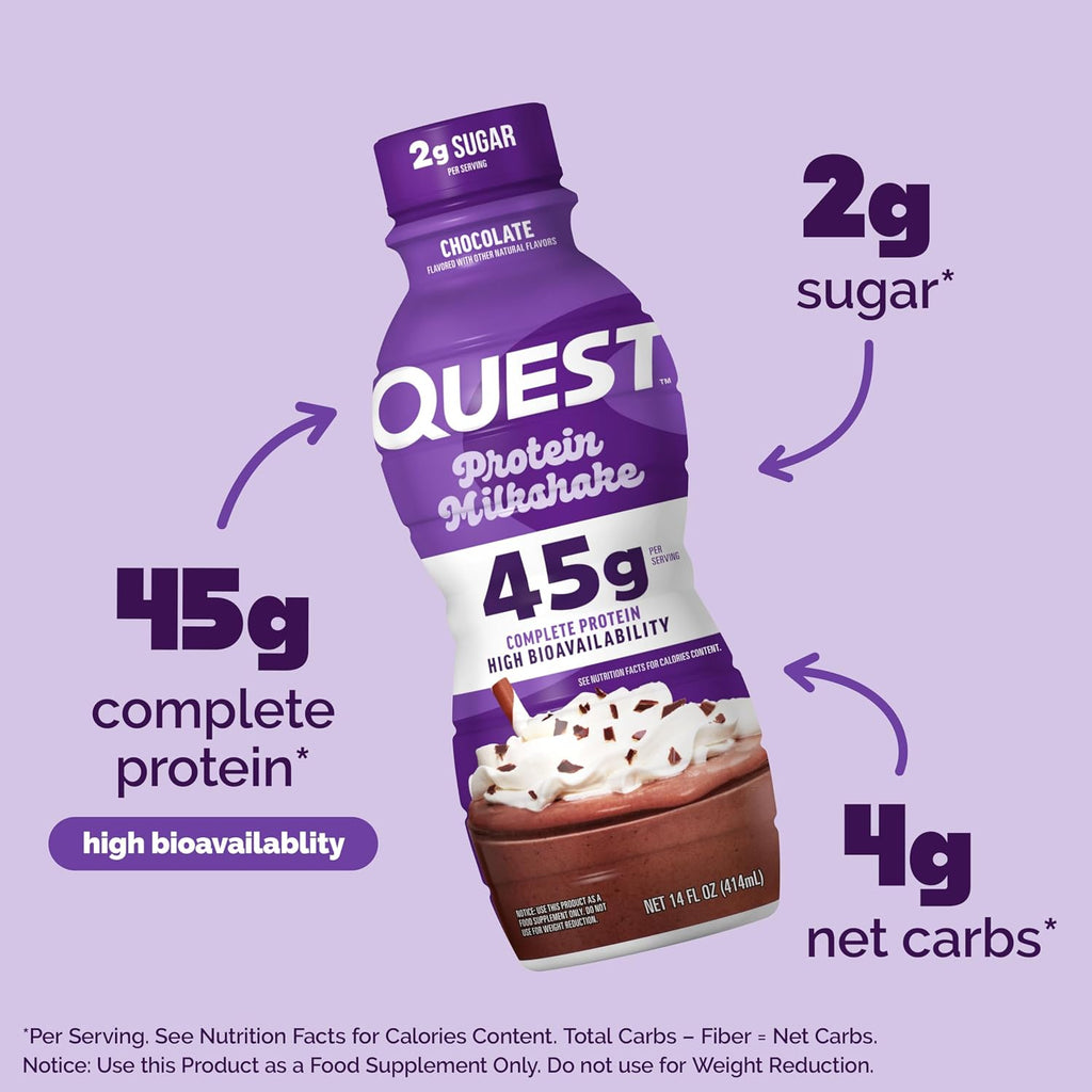 Quest Nutrition Chocolate Protein Shake, 45g Protein, 2g Sugar, 4g Net Carbs, Ready to Drink, Gluten Free, 12 Count