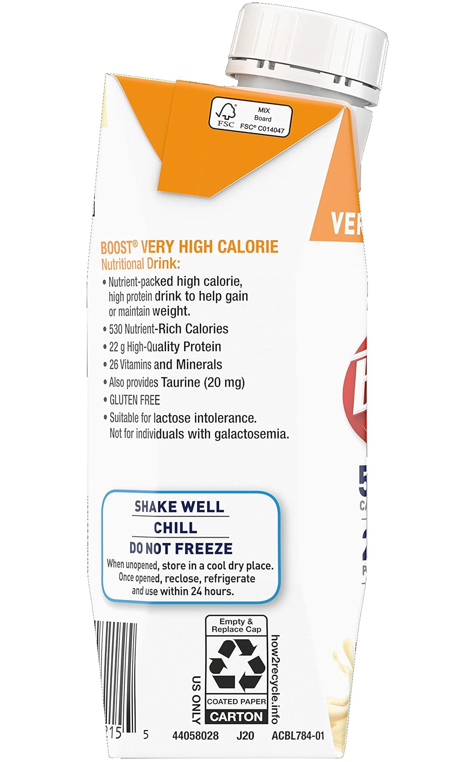 Boost Very High Calorie Nutritional Drink, Very Vanilla, 8 Ounce Box, Pack of 27