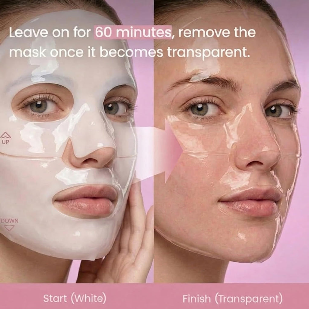 Collagen Face Mask Overnight - Transparent Transforming Korean Hydrogel Mask - Active Complex& Low Molecular Collagen for Glowing Glass Skin - Hydrating & Smoothing Skincare, 8 Sheet