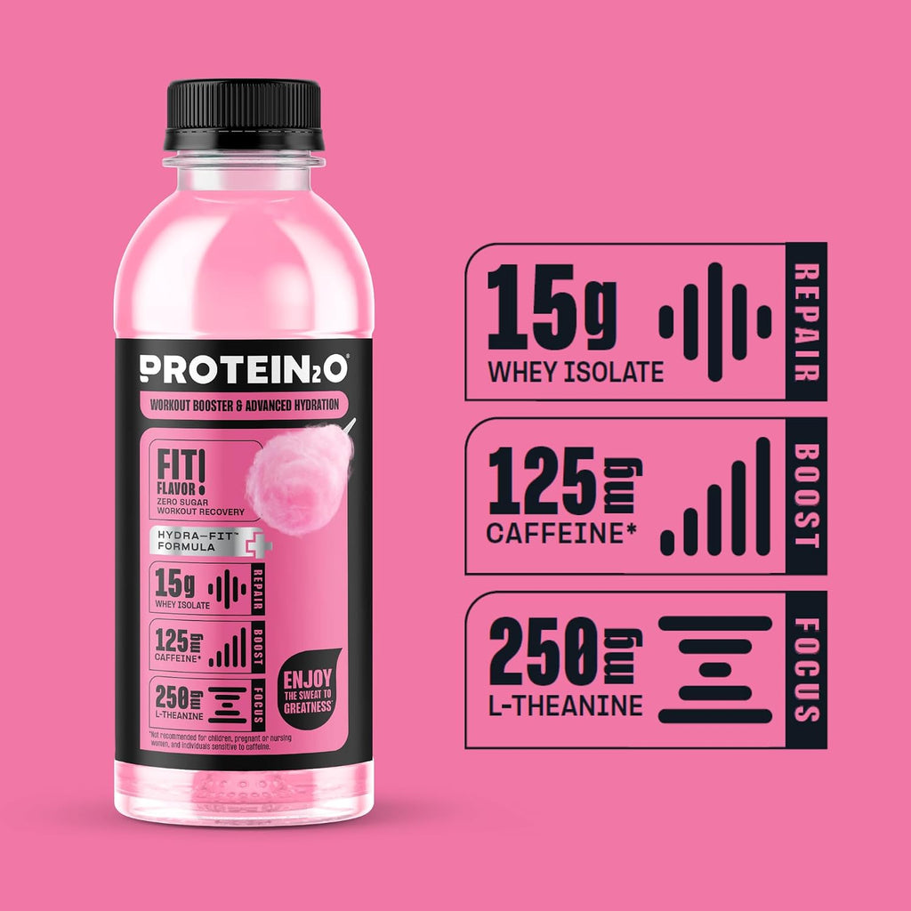 Protein2o 15g Whey Protein Isolate Hydration Drink Plus Energy & Focus, 350mg of Electrolytes, Vitamins B5 & B6, Sugar Free, Cotton Candy, 16.9 oz Bottle (Pack of 12)
