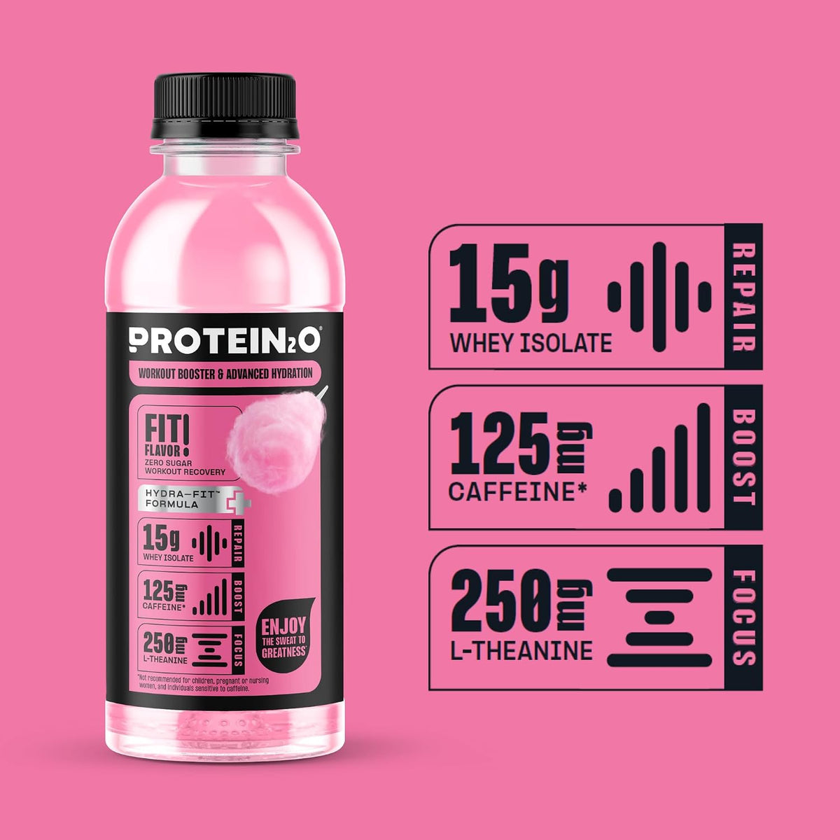 Protein2o 15g Whey Protein Isolate Hydration Drink Plus Energy & Focus, 350mg of Electrolytes, Vitamins B5 & B6, Sugar Free, Cotton Candy, 16.9 oz Bottle (Pack of 12)