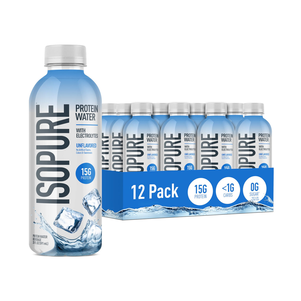 Isopure Clear Protein Water with Electrolytes, 15g Whey Protein Isolate, Zero Sugar, Strawberry Kiwi, 20 fl oz, 12-Pack