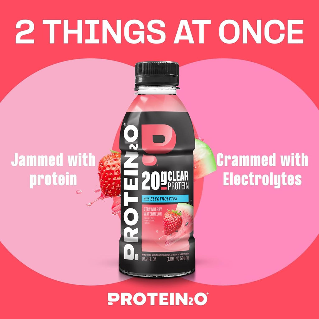 Protein2o Hydration Drink - 2-in-1 Liquid Clear Whey Protein Isolate and Electrolyte Drink - 20g Protein, Vitamins B5, B6 - Post-Workout Recovery - 16.9 Fl Oz - 12 Count Strawberry Watermelon