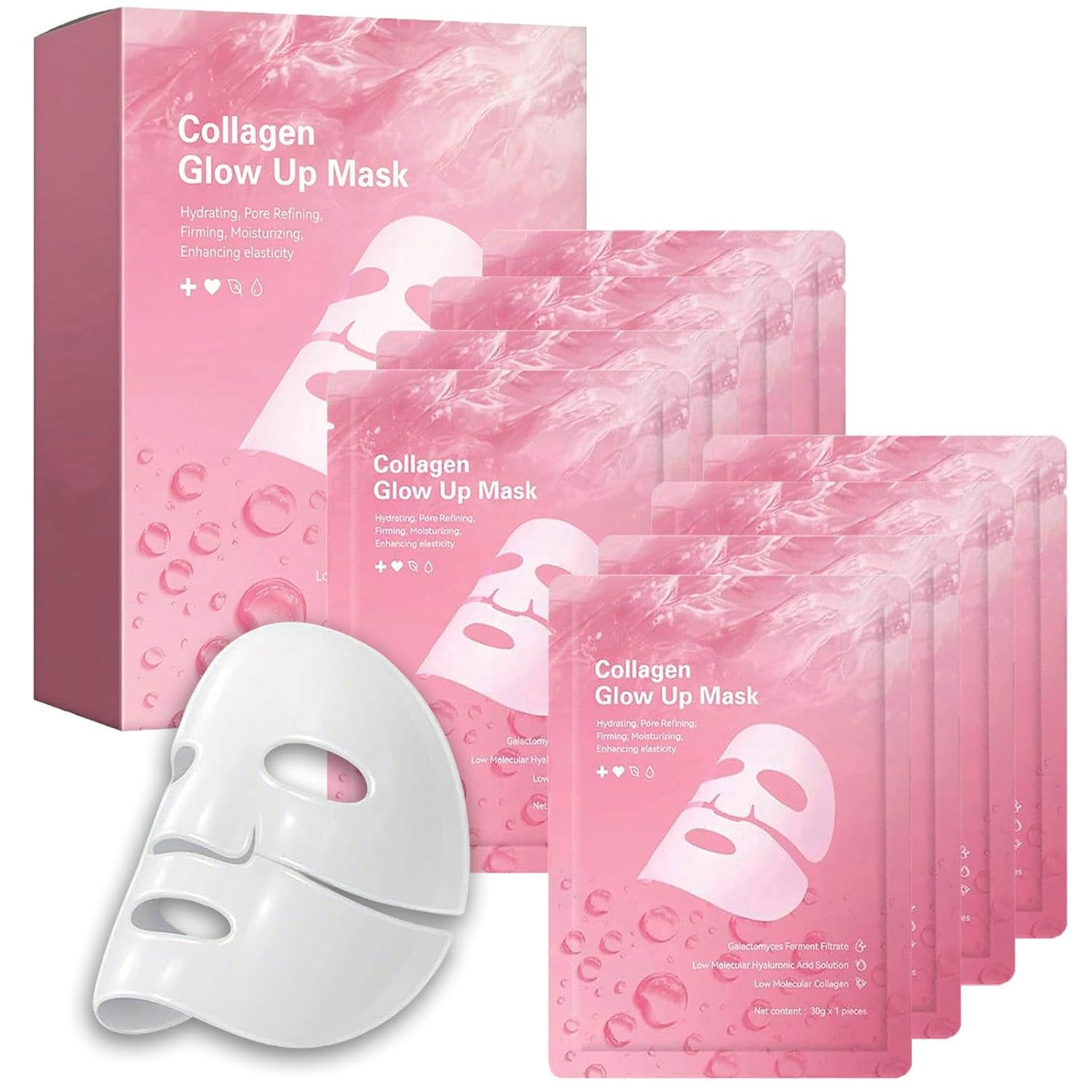 Collagen Face Mask Overnight - Transparent Transforming Korean Hydrogel Mask - Active Complex& Low Molecular Collagen for Glowing Glass Skin - Hydrating & Smoothing Skincare, 8 Sheet