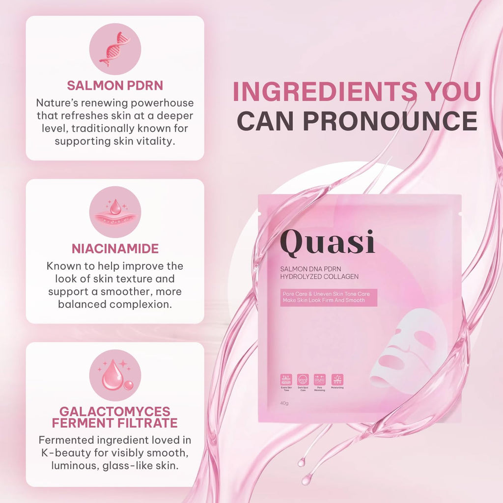 Quasi Salmon PDRN Collagen Mask – Korean Skin care Gel Face Mask for Hydration, Firming & Smoothing Skincare, Collagen Boost & Pore Care – 4 Masks, Non-Irritating, Natural Ingredients