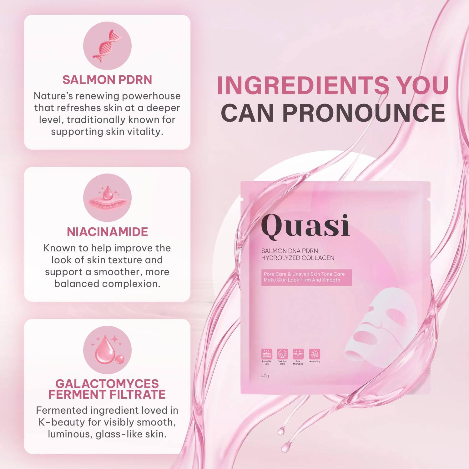Quasi Salmon PDRN Collagen Mask – Korean Skin care Gel Face Mask for Hydration, Firming & Smoothing Skincare, Collagen Boost & Pore Care – 4 Masks, Non-Irritating, Natural Ingredients