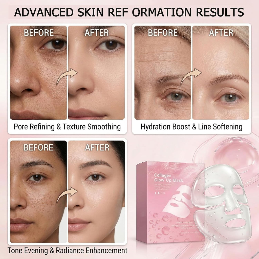 Collagen Face Mask Overnight - Transparent Transforming Korean Hydrogel Mask - Active Complex& Low Molecular Collagen for Glowing Glass Skin - Hydrating & Smoothing Skincare, 8 Sheet