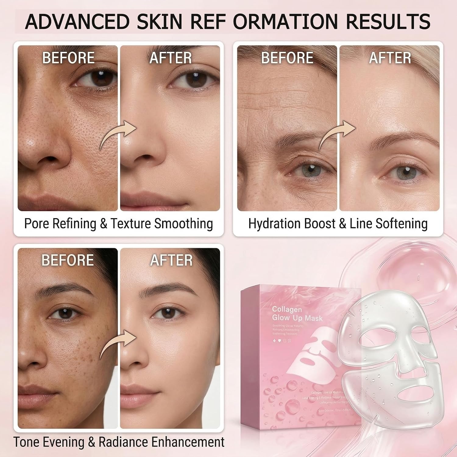 Collagen Face Mask Overnight - Transparent Transforming Korean Hydrogel Mask - Active Complex& Low Molecular Collagen for Glowing Glass Skin - Hydrating & Smoothing Skincare, 8 Sheet