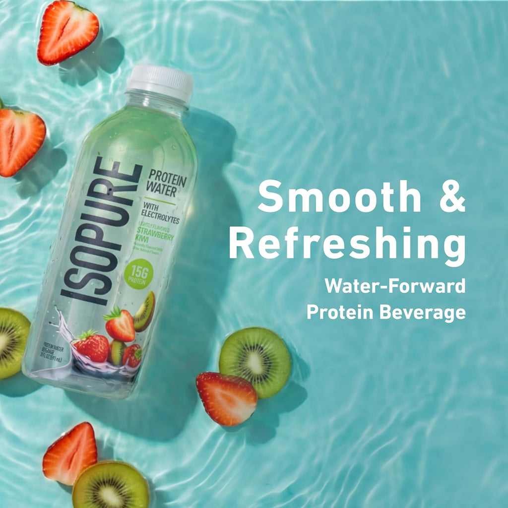 Isopure Clear Protein Water with Electrolytes, 15g Whey Protein Isolate, Zero Sugar, Strawberry Kiwi, 20 fl oz, 12-Pack