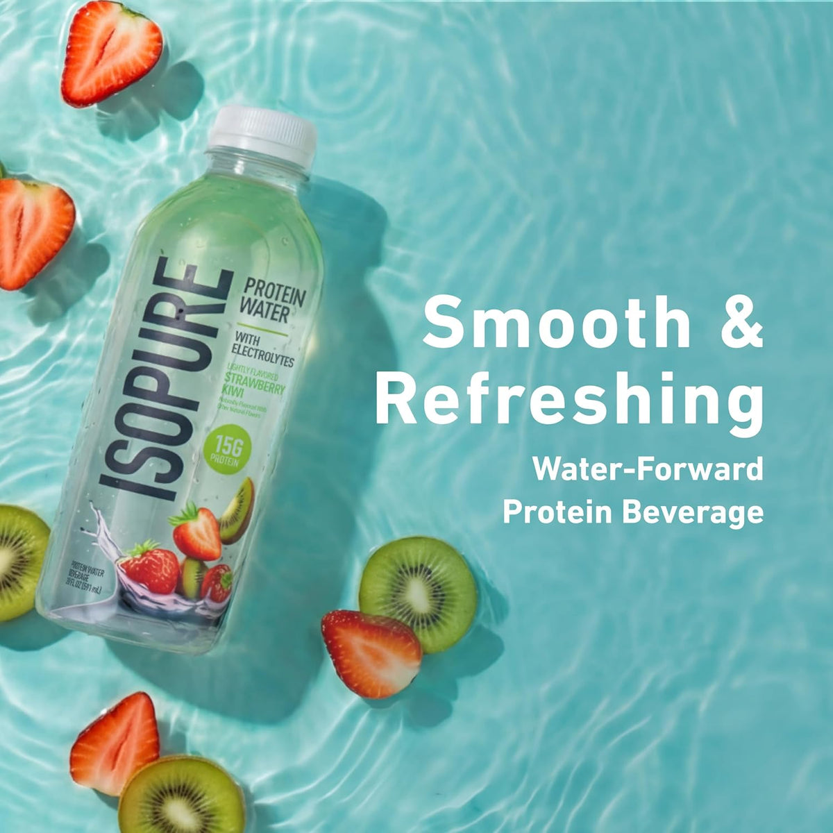 Isopure Clear Protein Water with Electrolytes, 15g Whey Protein Isolate, Zero Sugar, Strawberry Kiwi, 20 fl oz, 12-Pack