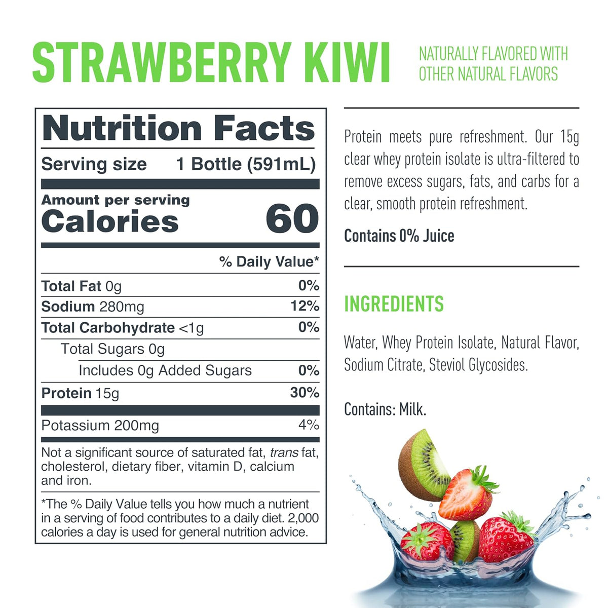 Isopure Clear Protein Water with Electrolytes, 15g Whey Protein Isolate, Zero Sugar, Strawberry Kiwi, 20 fl oz, 12-Pack